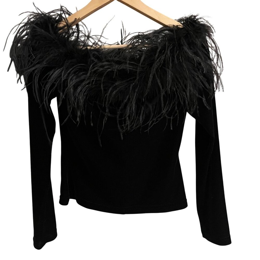 Vintage Cachet Womens Black Ostrich Feather Trim Top Size S Whimsigoth Goth Y2K - Picture 2 of 6